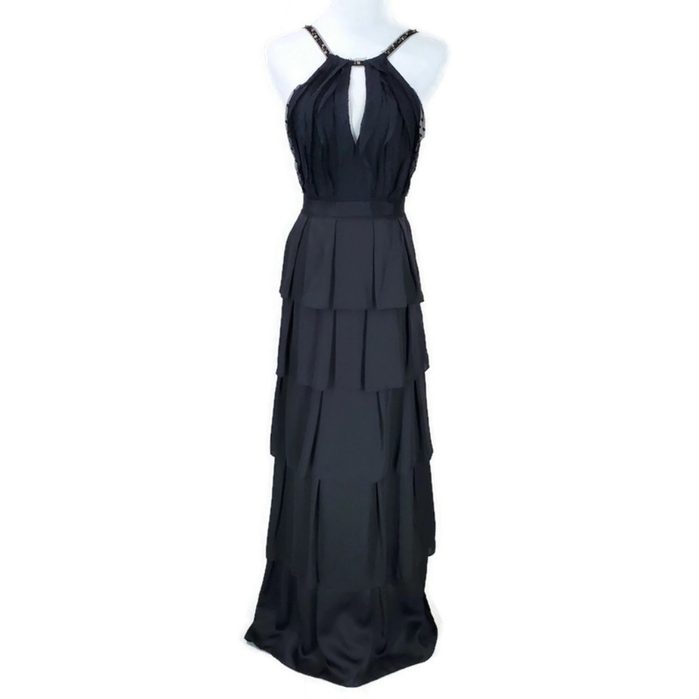 BCBG Max Azria Black Chiffon/ Tiered Ruffle Rhinestone Silk Gown Size 2 Prom